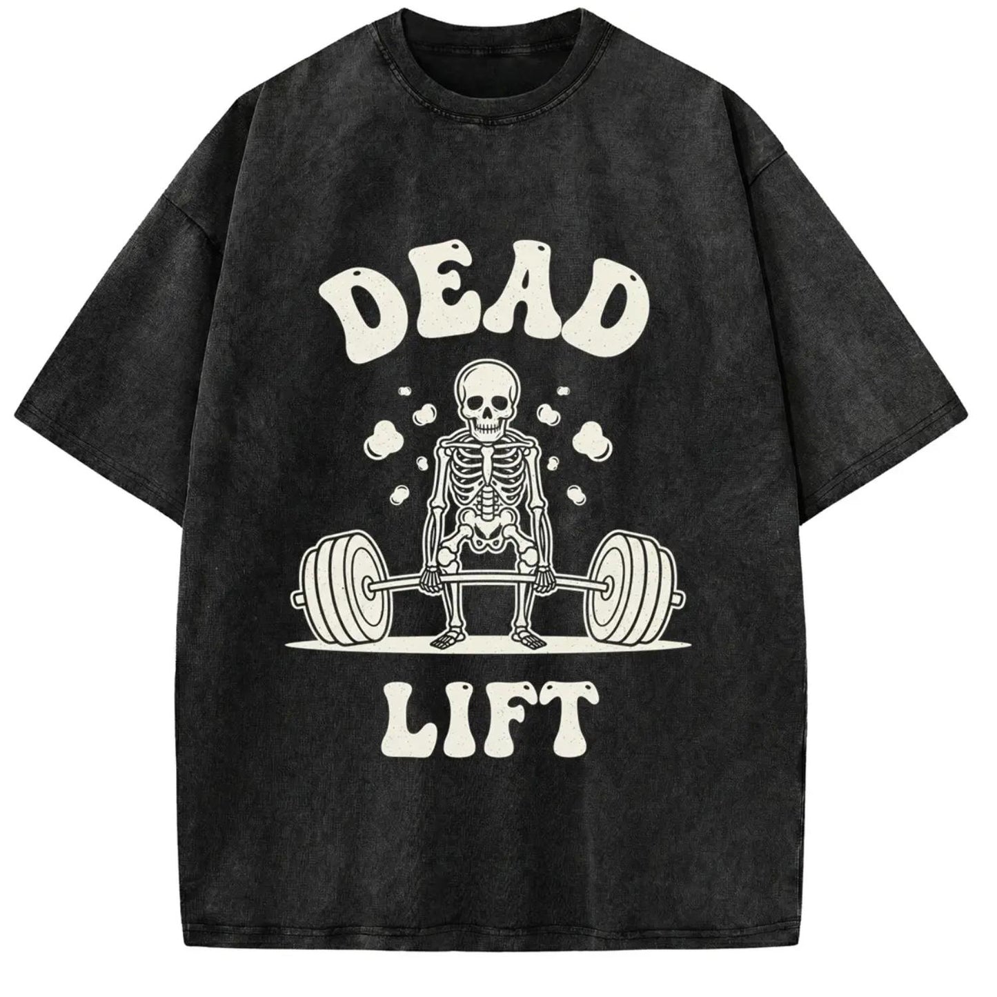 Vintage Style Gym Pump Cover Deadlift Skeleton Acid Wash T-Shirt with Funny Workout Graphic Unisex Retro Cartoon Mineral Wash Shirt for Weightlifting Crossfit and Fitness Enthusiasts