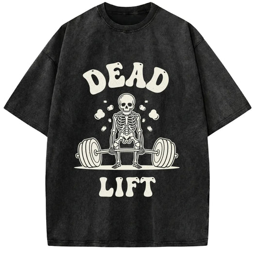 Vintage Style Gym Pump Cover Deadlift Skeleton Acid Wash T-Shirt with Funny Workout Graphic Unisex Retro Cartoon Mineral Wash Shirt for Weightlifting Crossfit and Fitness Enthusiasts