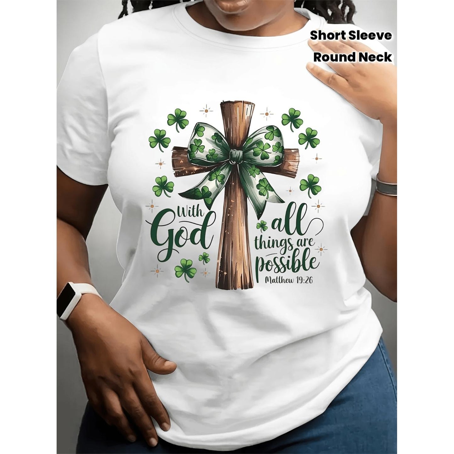 Women'S Green St Patrick S Day Short Sleeve Round Neck T Shirt Decorated With Wooden Cross And Clover Bowknot Pattern Featuring Biblical Verse Perfect For Religious Festivities