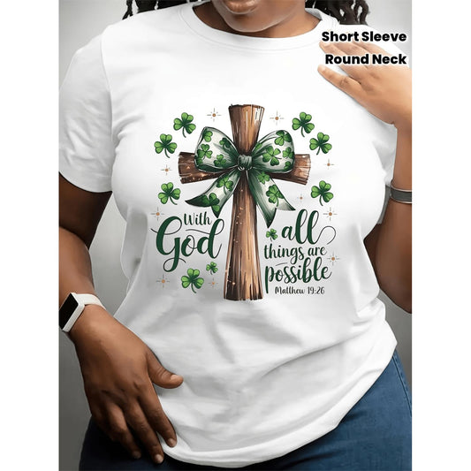 Women'S Green St Patrick S Day Short Sleeve Round Neck T Shirt Decorated With Wooden Cross And Clover Bowknot Pattern Featuring Biblical Verse Perfect For Religious Festivities
