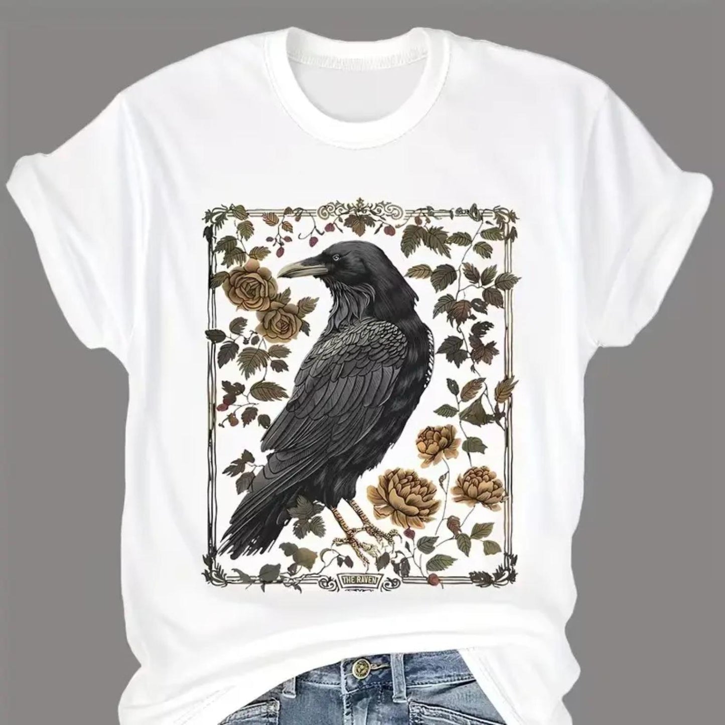 Elegant Floral and Crow Pattern Short Sleeve Round Neck T-Shirt for Women's Spring and Summer Wear