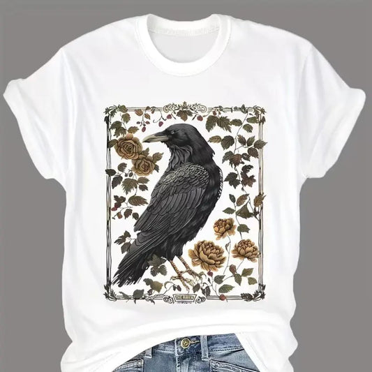Elegant Floral and Crow Pattern Short Sleeve Round Neck T-Shirt for Women's Spring and Summer Wear