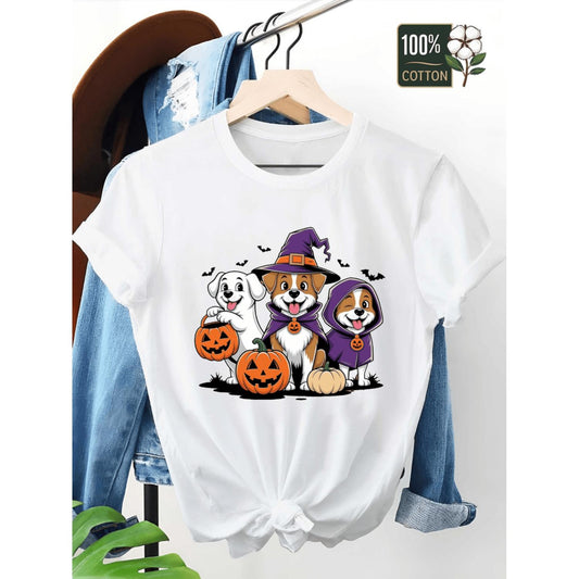 Adorable Women's Halloween Beagle and Jack Russell Terrier Graphic T-Shirt Featuring Cute Dogs in Witch Hats and Jack O Lanterns Casual Round Neck Tee for Fall Themed Parties and Everyday Wear Machine Washable Pet Lover Apparel
