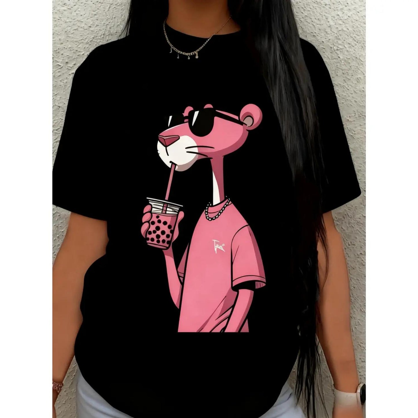 Trendy Casual Crew Neck Pink Panther T shirt with Knitted Fabric and Printed Design Lightweight Breathable Wardrobe Essential for All Seasons