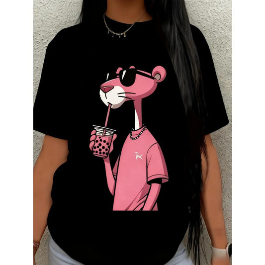 Trendy Casual Crew Neck Pink Panther T shirt with Knitted Fabric and Printed Design Lightweight Breathable Wardrobe Essential for All Seasons