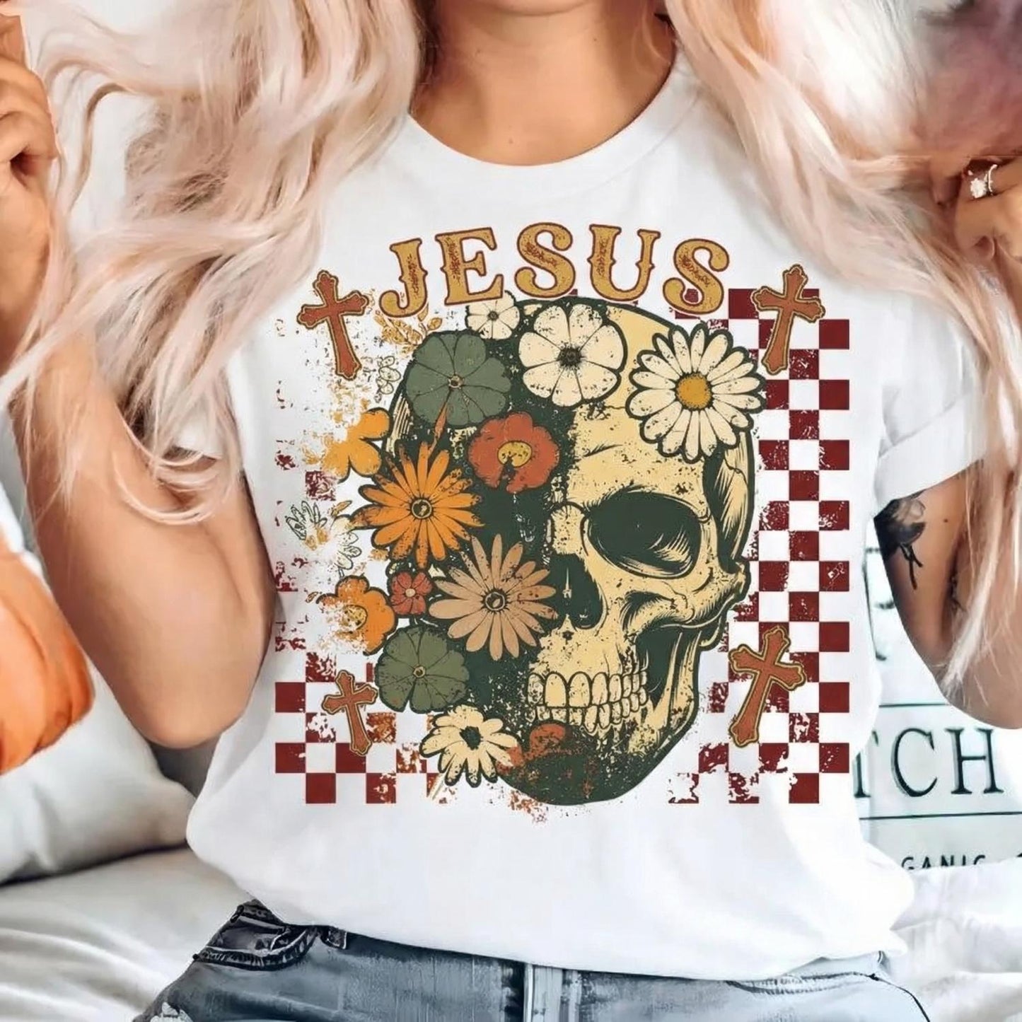 Trendy Retro Floral Skeleton Shirt Perfect for Halloween Spooky Season Durable Cotton with Durable Stitching