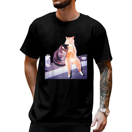 Pure Cotton Humorous Smoking Cat T-Shirt Featuring Cute Kitten and Meme Style for Cat Enthusiasts