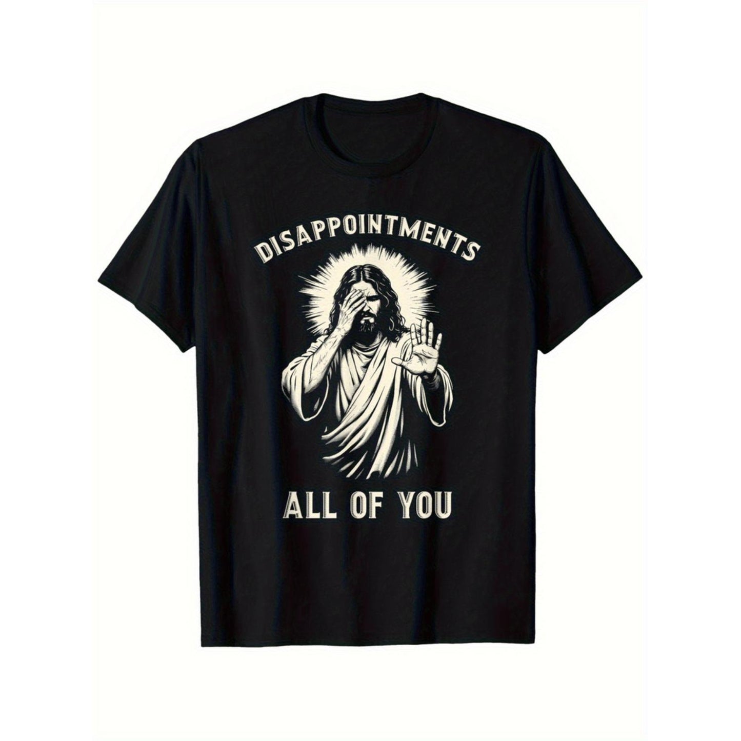 Mens Black Cotton TShirt Featuring Disappointments All of You Jesus Graphic Relaxed Fit Casual Religious Wear Short Sleeve Crew Neck Comfortable Casual Attire