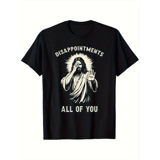 Mens Black Cotton TShirt Featuring Disappointments All of You Jesus Graphic Relaxed Fit Casual Religious Wear Short Sleeve Crew Neck Comfortable Casual Attire