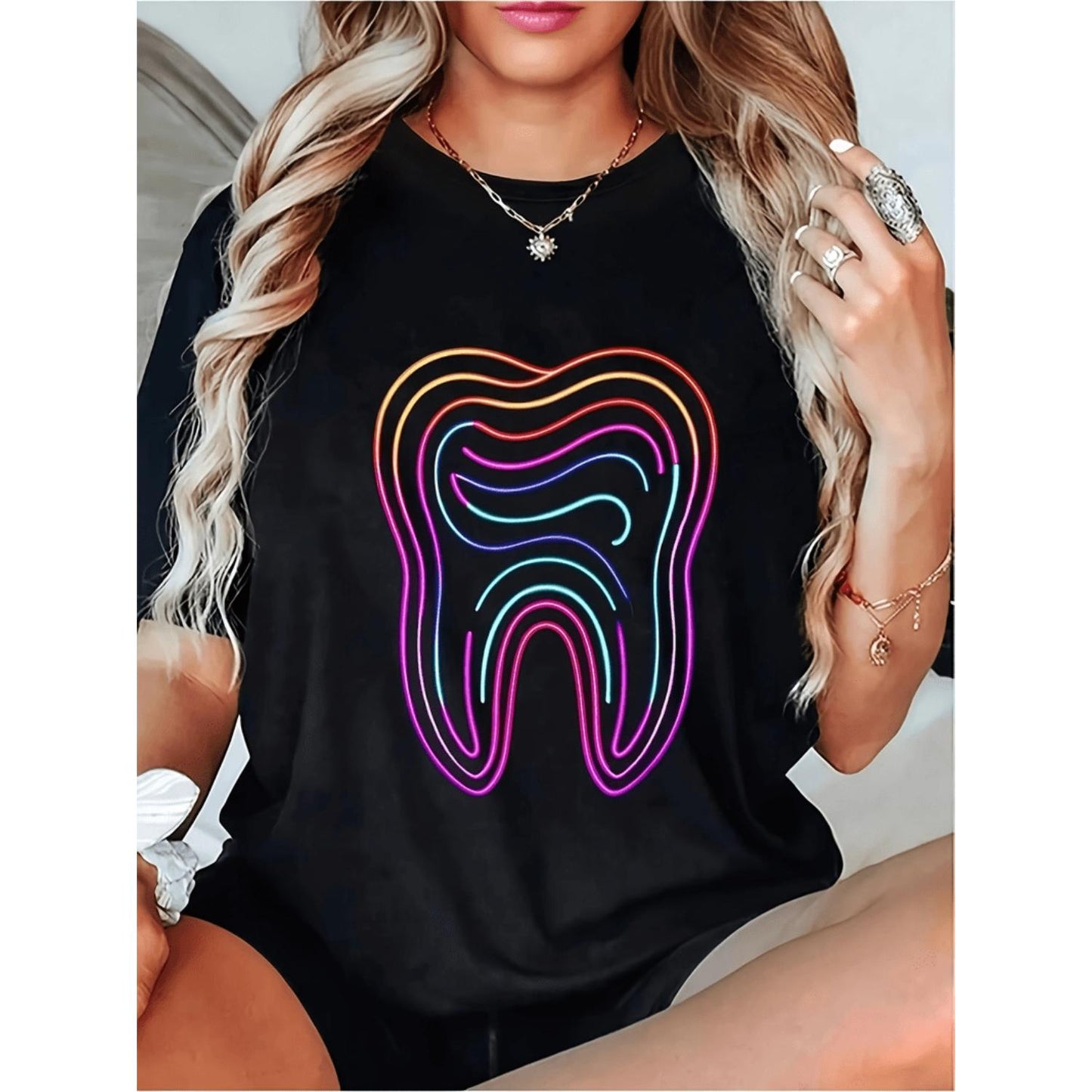 Vibrant Women'S Dental themed TShirt Soft Breathable Knit Fabric Casual Round Neck Short Sleeve Top with Colorful Tooth Print Perfect for Spring and Summer