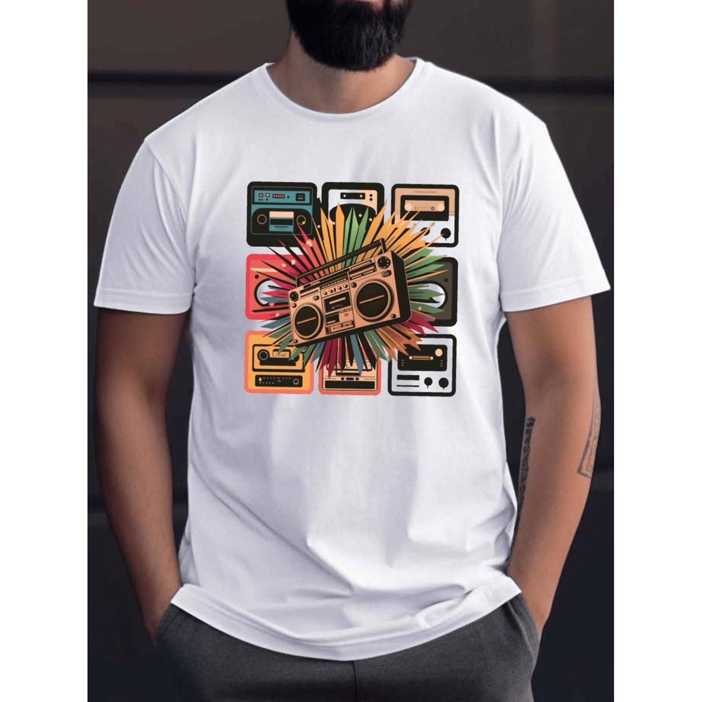 Vintage Retro Boombox Graphic Tee for Men Casual Short Sleeve Summer T Shirt
