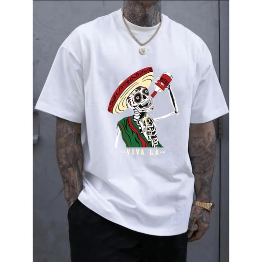 Mexican Style Skeleton Print Short Sleeve T-Shirt for Men Comfortable Casual Fit Crew Neck Top for Outdoor Activities