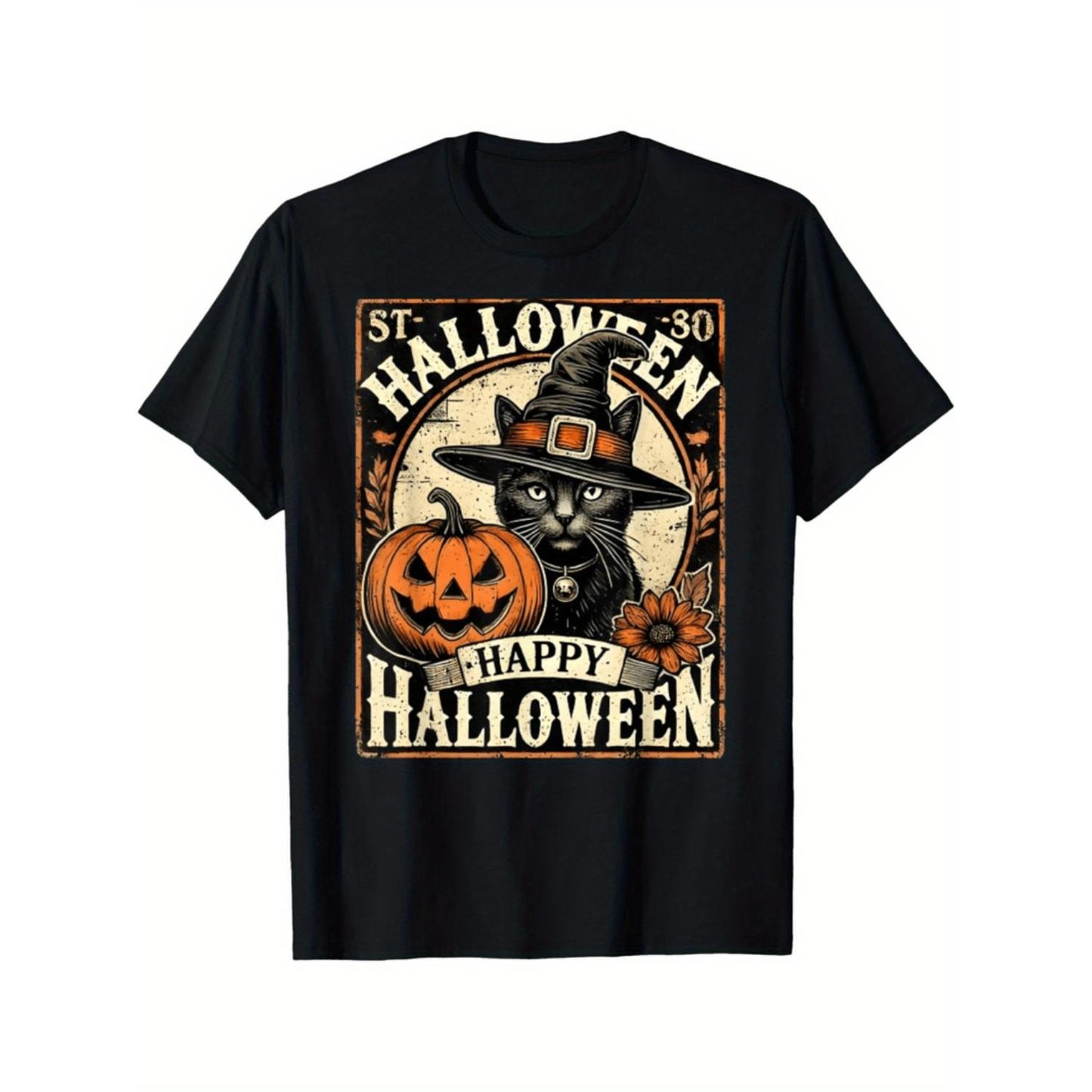 Vintage Halloween T Shirt Featuring a Black Cat Wearing a Witches Hat