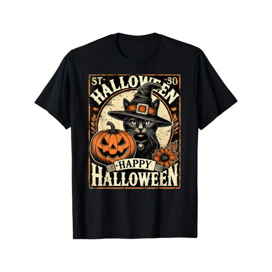 Vintage Halloween T Shirt Featuring a Black Cat Wearing a Witches Hat
