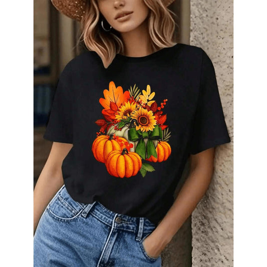 Women's Thanksgiving Pumpkin and Sunflower Graphic Tee Black Fall Pumpkin Floral Design for Autumn Harvest Casual Party Outfit Machine Washable Seasonal Fashion Festive Soft Shirt