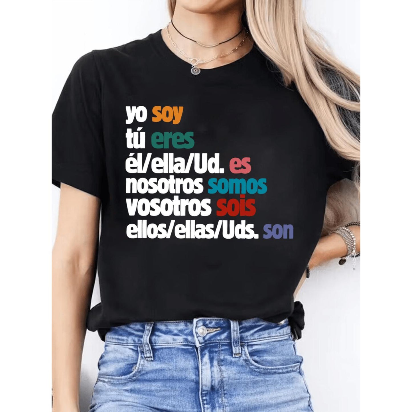 Women S Spanish Letter Print T Shirt Casual Crew Neck Short Sleeve Stretchy Fabric Ideal for Spring and Summer Yo Soy Tu Eres El Casa U d Es Nosores Somos Vosotros Elas Uds Son Design Spanish Tee