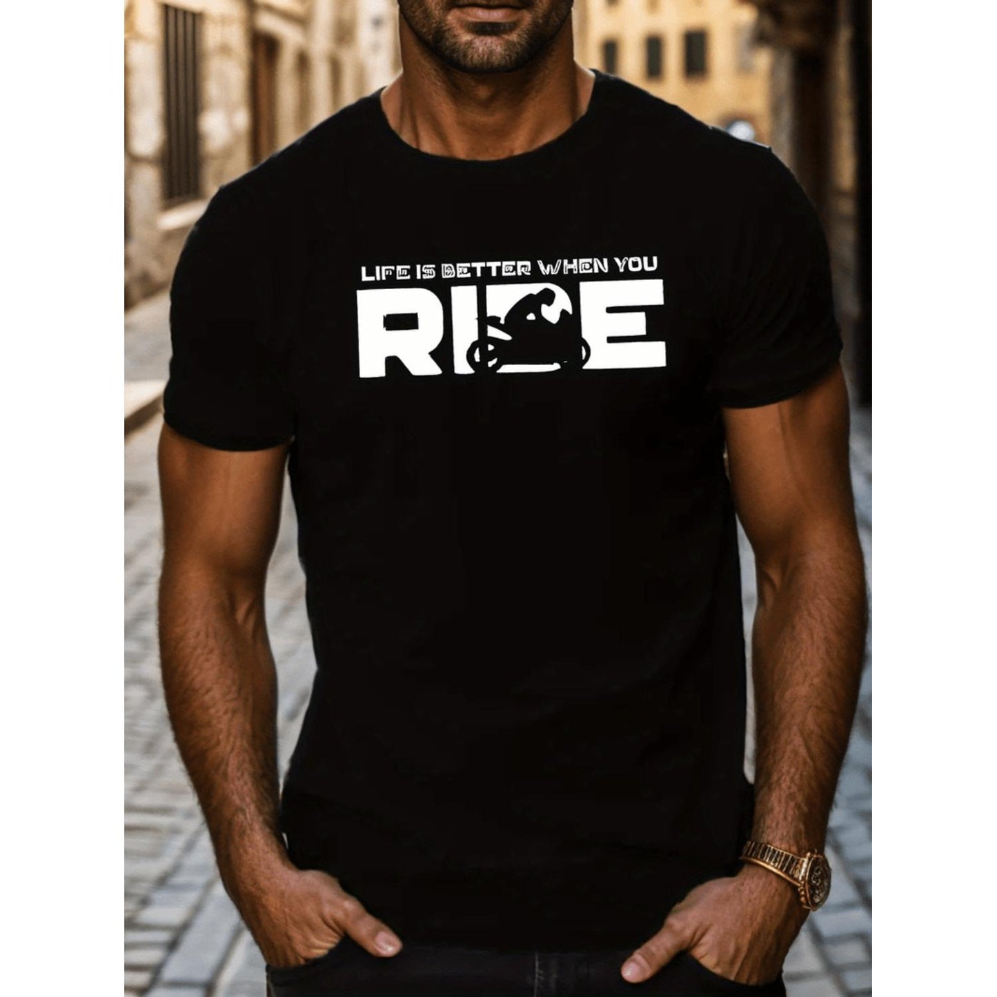 Ride Life Is Better Mens Black TShirt Casual Polyester Short Sleeve Top with Motorcycle Graphic Round Neck Machine Washable for Summer