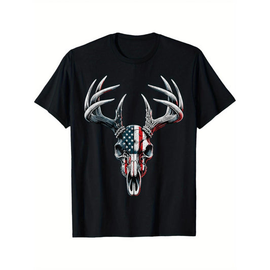 Whitetail Deer Hunting T-Shirt Featuring American Flag on Buck Skull Design for Men