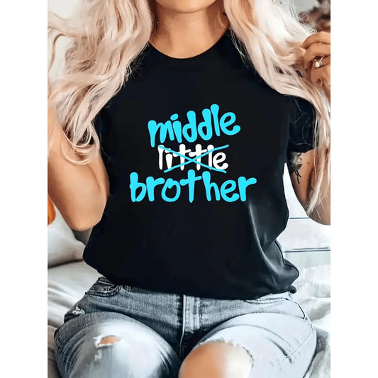 Stylish Women's Rounded Neck Short Sleeve T Shirt Featuring Bold Blue Letter Print and High Elasticity for Casual Spring Summer and Fall Wear