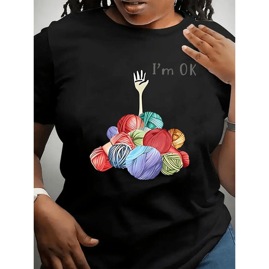Comfortable Polyester and Spandex Blend Medium Stretch Crew Neck T Shirt Featuring Yarn Ball and Hand Graphic Geometric Pattern Print Suitable for All Seasons
