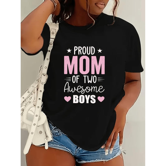 Women's Proud Mom of Two T Shirt with Pink Lettering and Icons Casual Short Sleeve Round Neck Top Perfect for Mother's Day Summer Spring Comfortable Motherhood Gift