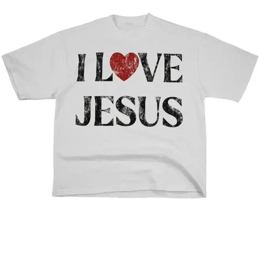 Vintage I Love Jesus Print Short Sleeve T Shirt for Men and Women Cotton Polyester Letter Round Neck Tee Ideal Gift
