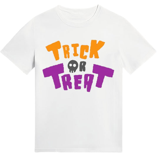 Unisex Halloween T Shirt Trick or Treat Skull Print Loose Fit Tee Couple Matching Shirts for Halloween Party