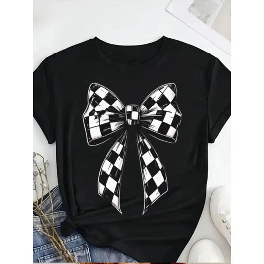 Women's 100 Percent Cotton Round Neck T Shirt Black Casual Short Sleeve Tee with White Checkered Bow Print Machine Washable Spring Summer Fall Top for Celebrations