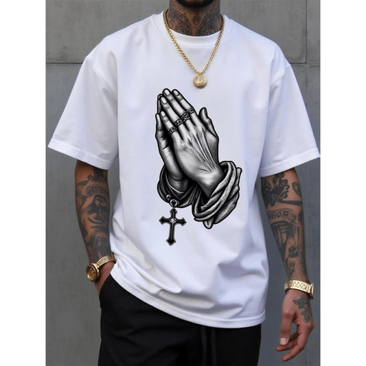 Men's Christian Prayer T-Shirt with Praying Hands Rosary Beads and Cross Soft Breathable Cotton Relaxed Fit Religious Gift for Dad Birthday Easter Christmas Everyday Church Apparel Machine Washable Spiritual Wear