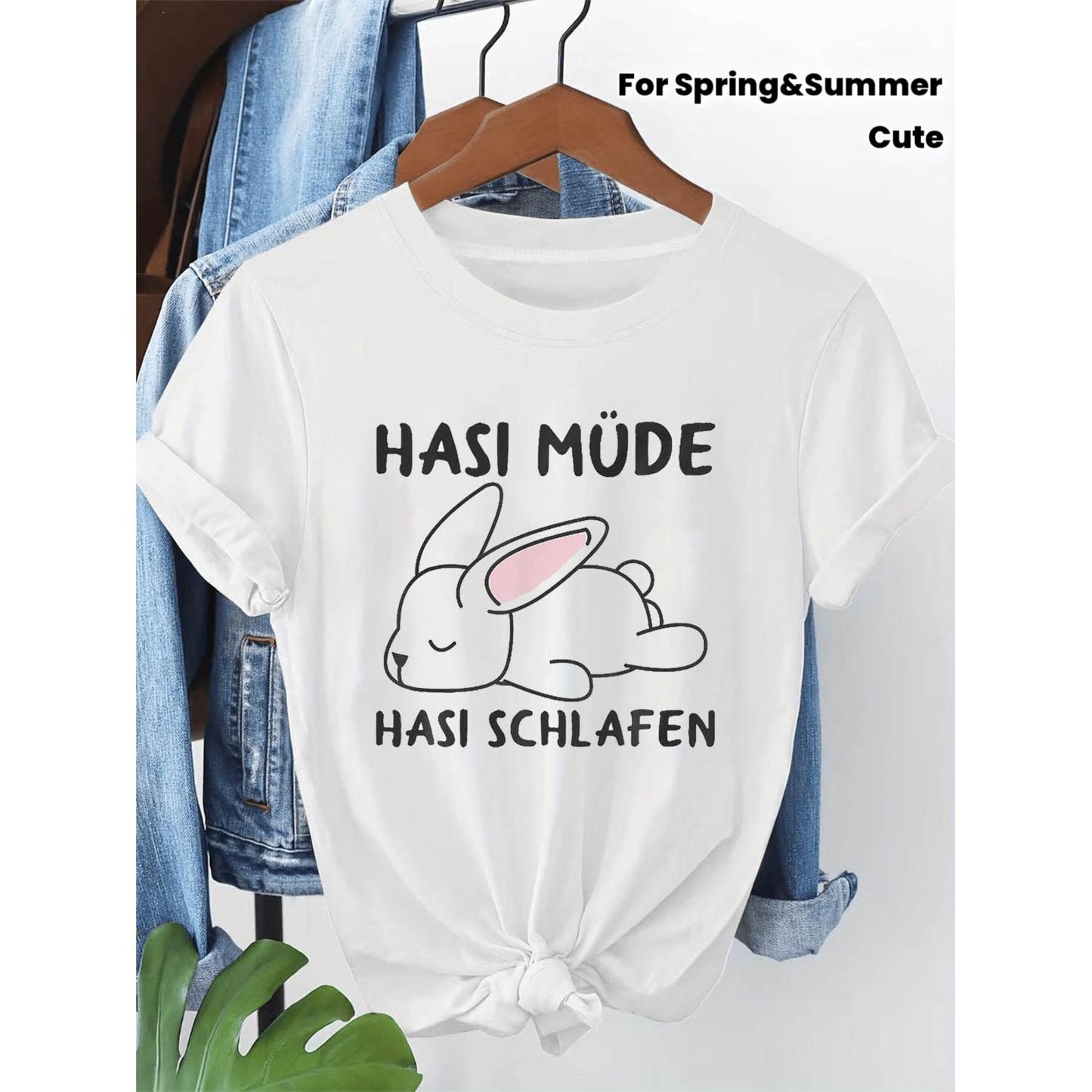 Women S Cute Sleeping T Shirt Featuring Hasi Mude Hasi Schlafen Short Sleeve Crew Neck Design Casual Spring and Summer Top with Medium Stretch Fabric and Machine Washability