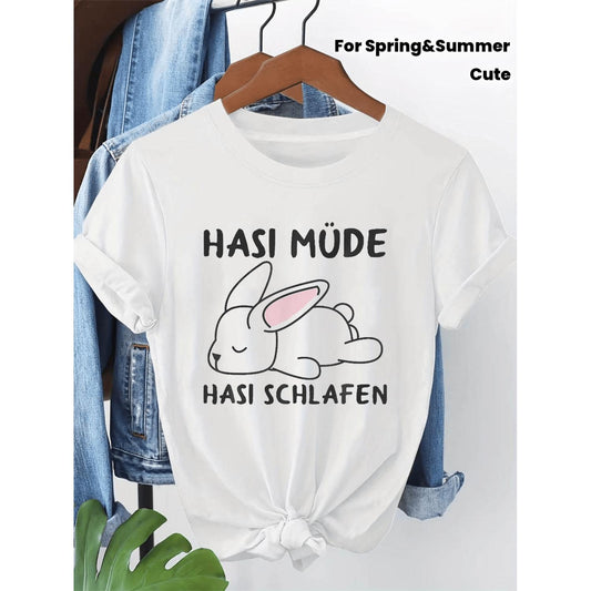 Women S Cute Sleeping T Shirt Featuring Hasi Mude Hasi Schlafen Short Sleeve Crew Neck Design Casual Spring and Summer Top with Medium Stretch Fabric and Machine Washability