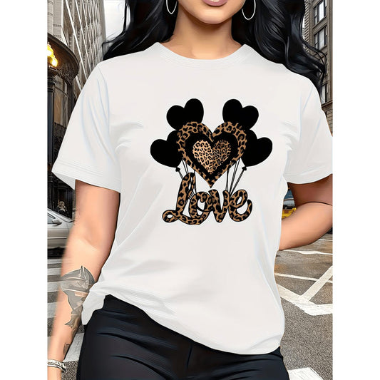 Stylish HeartShaped Balloon Pattern Women's Short Sleeve Round Neck TShirt Featuring Black And Leopard Prints Versatile Casual Top Perfect For Leisure And Travel