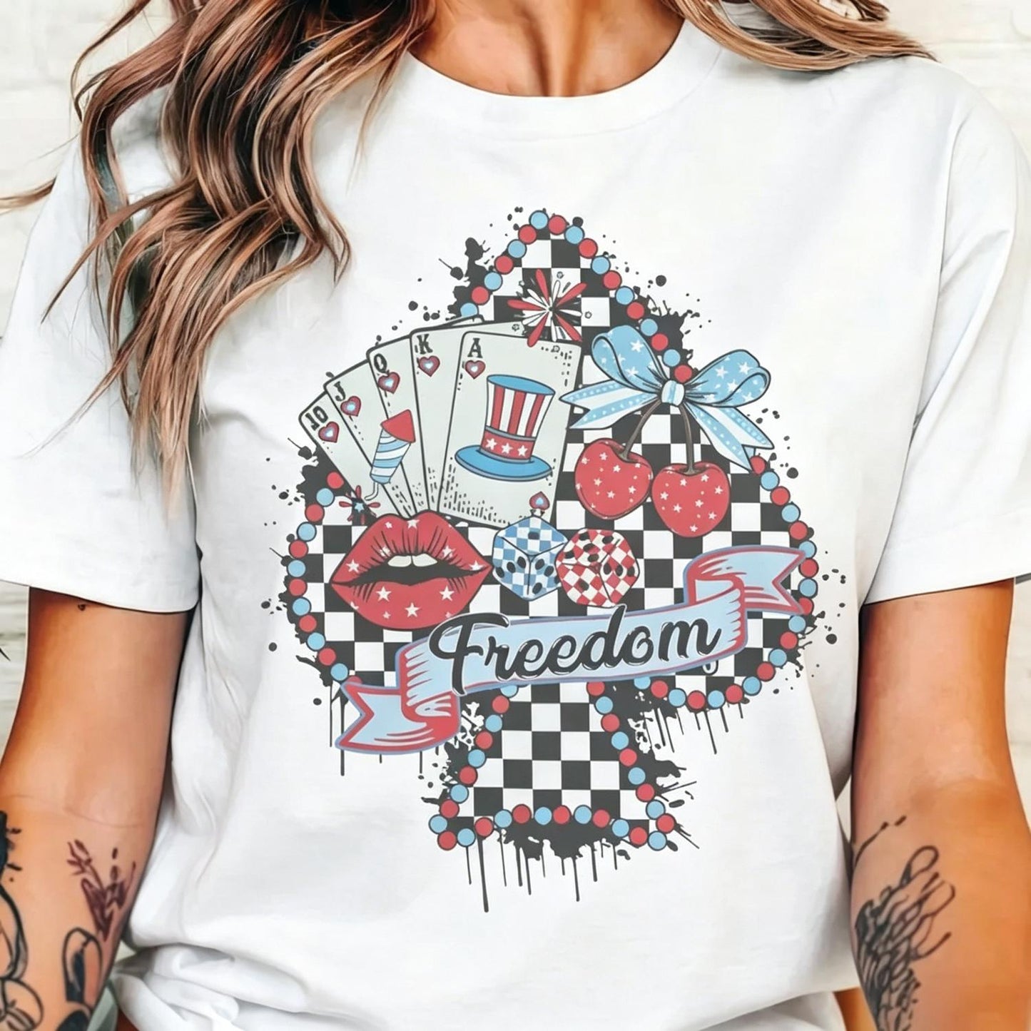 Vintage Western USA T Shirts Retro Cowgirl America Tee Checkered Spade 4th of July Patriotic Country Cowboy Casual Womenswear Sublimation Top