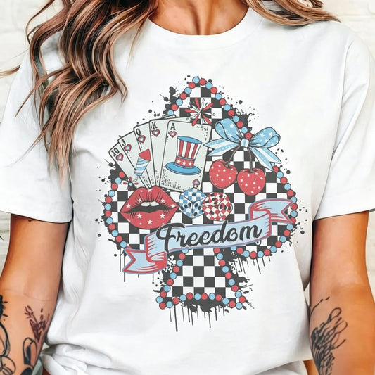 Vintage Western USA T Shirts Retro Cowgirl America Tee Checkered Spade 4th of July Patriotic Country Cowboy Casual Womenswear Sublimation Top