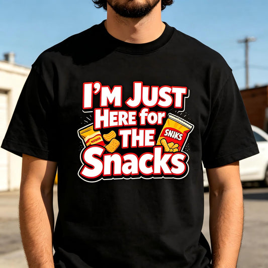 Just Here For The Snacks Funny Food Lover Meme Graphic T Shirt with Snack Bag and Chip Design Comfortable Cotton Casual Streetwear for Snack Enthusiasts