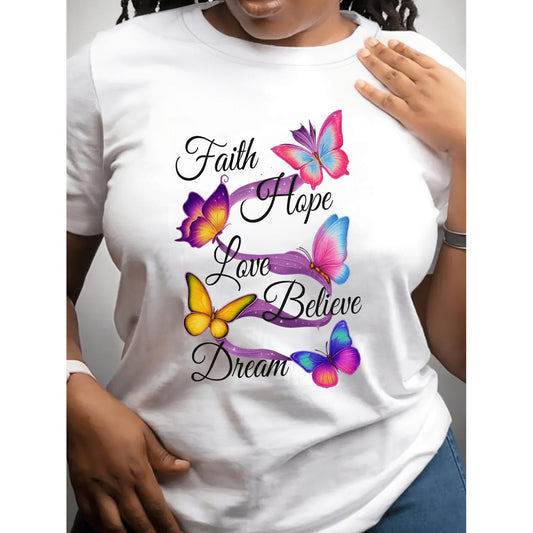 Plus Size Women's Butterfly Print T Shirt with Casual Loose Fit Short Sleeves Round Neck and Vibrant Floral Pattern for Spring Summer and Autumn Fashion
