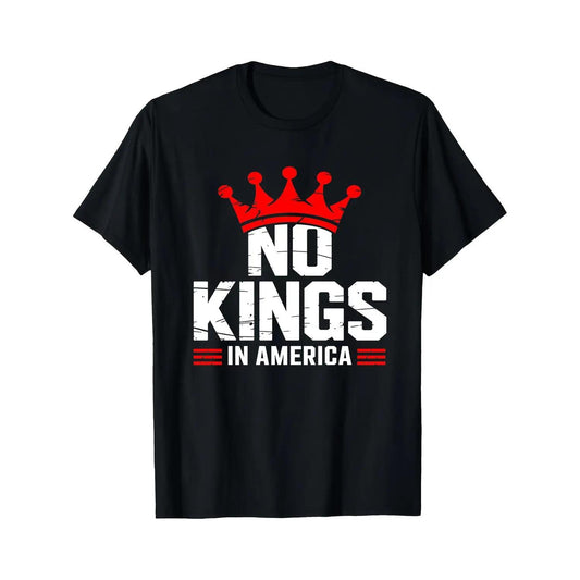 Stylish Black T Shirt Featuring No Kings In America Red Crown Graphic Design For Casual And Political Expression