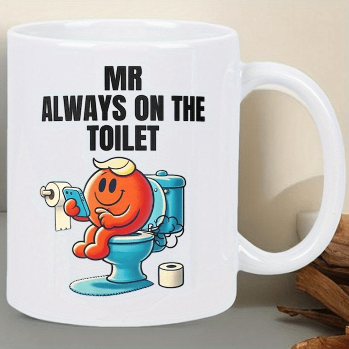 [Funny Coffee Mug] 11oz White Ceramic Coffee Mug, Humorous Mr. Always on the Toilet | Funny Orange Character Design, Perfect Gift for Men, Ideal for Morning Coffee or Tea, Unique Bathroom Accessory, Hand Wash Only