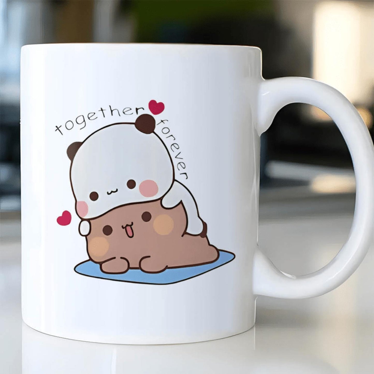 11oz Cute Panda Bubu & Dudu Couple Mug - White Ceramic Reusable Coffee Cup with Playful "Together Forever" Design, Machine Washable Romantic Gift for Him & Her, Anniversary, Valentine's Day, Anniversary Present | Affectionate Mess