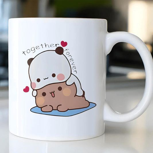 11oz Cute Panda Bubu & Dudu Couple Mug - White Ceramic Reusable Coffee Cup with Playful "Together Forever" Design, Machine Washable Romantic Gift for Him & Her, Anniversary, Valentine's Day, Anniversary Present | Affectionate Mess
