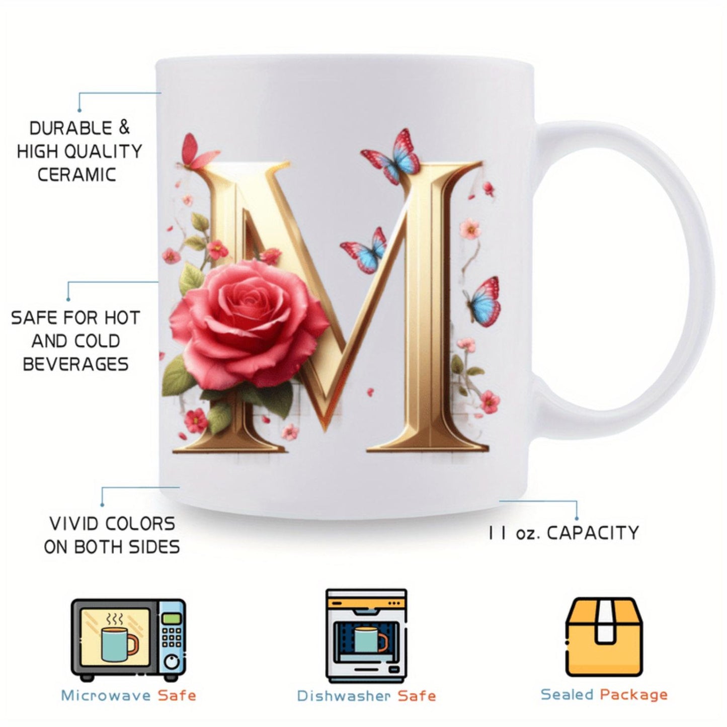 1pc, Perfect Gift To MoMBPA-Free Ceramic Coffee Mug with Alphabet & Floral Design, - Microwaveable, Portable, Wide Mouth - Ideal for Various Festivals & Occasions