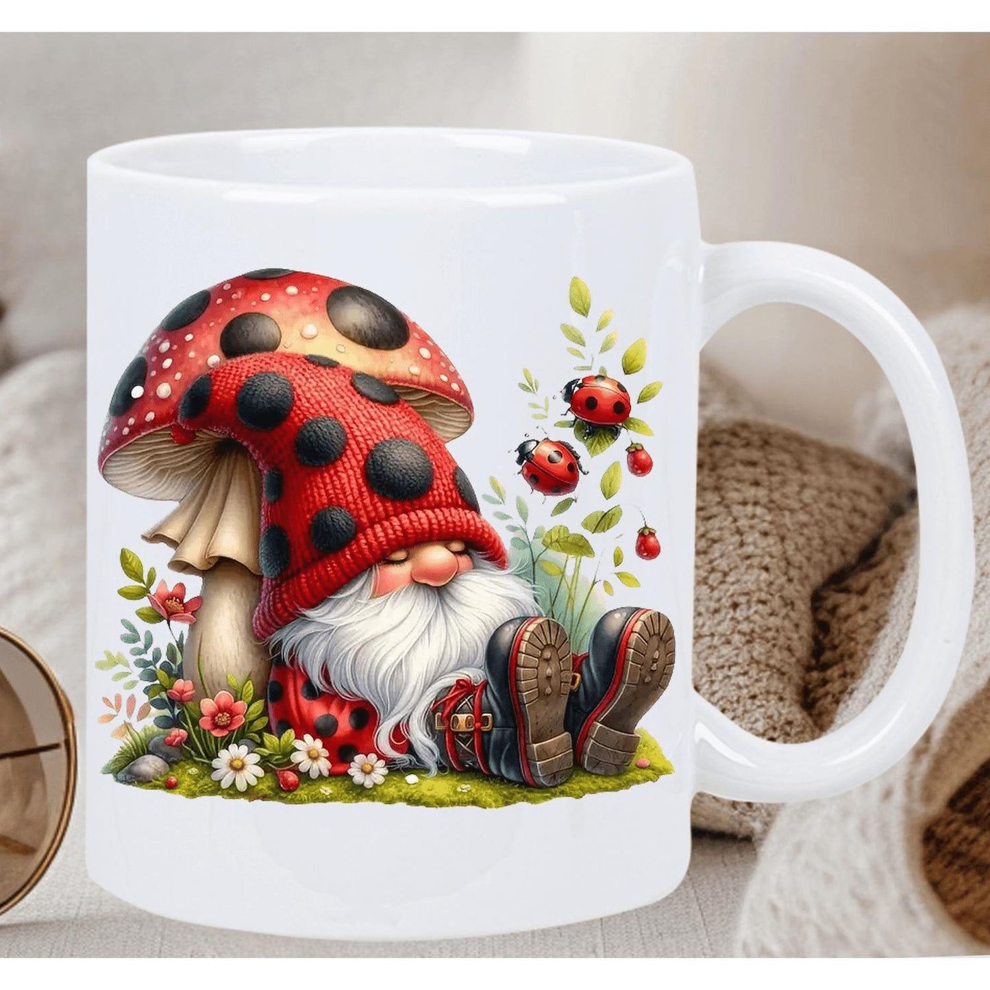 1pc Whimsy Woods Ceramic Mug, 11 oz, Reusable Insulated Cup with Machine Washable Care, Multipurpose Use, Featuring Charming Ladybug and Gnome Design