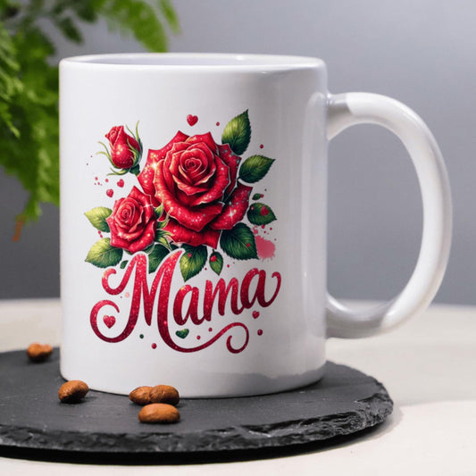 Mama Flower Novelty Coffee Mug Gift For Mother's Day - Mama Red Flowers On Gold Points Ceramic Family Mug - New Mama Mug Rose Flower - Birthday/Mothers Day Gifts For Mom - Nana Coffee Mug 11oz