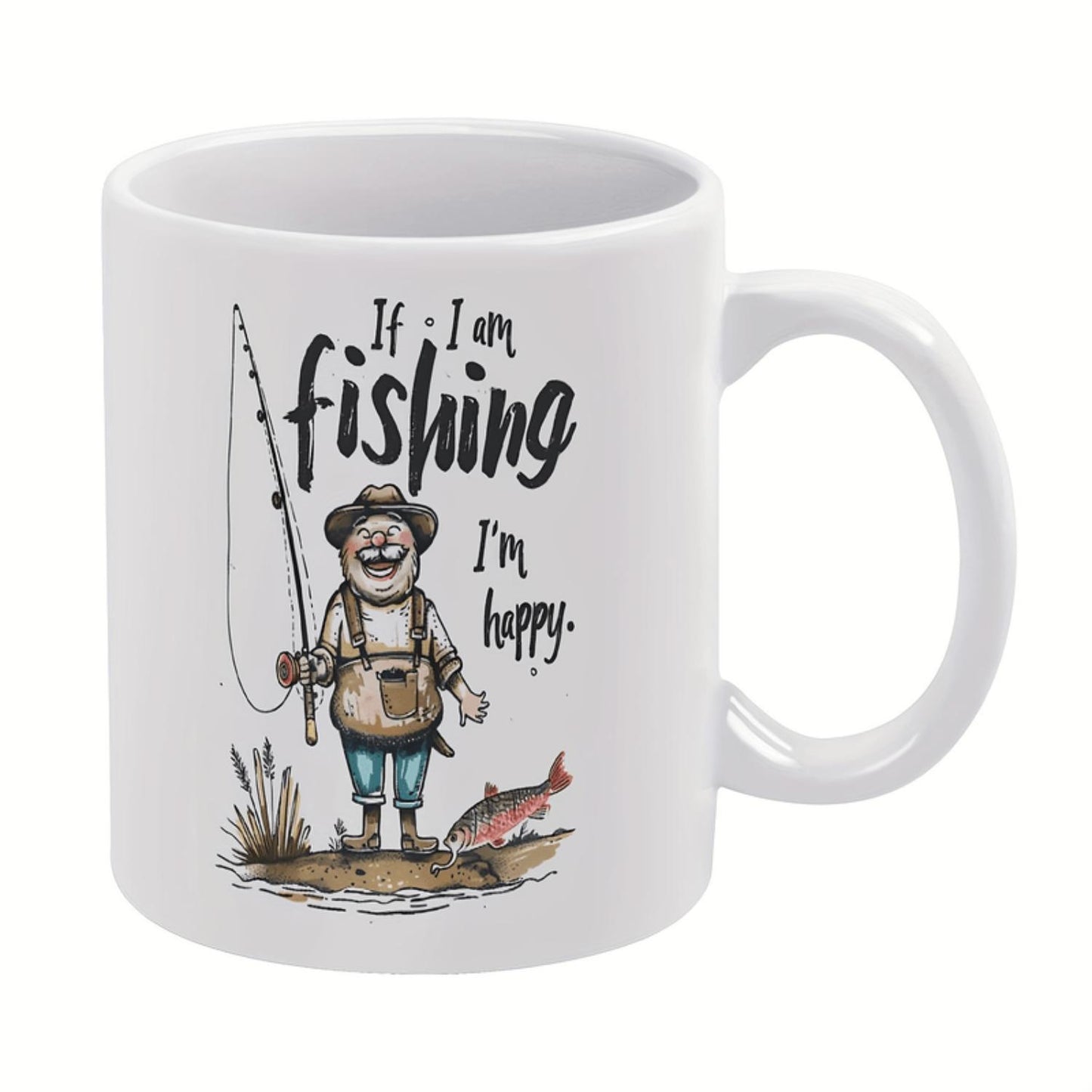 1pc Funny Fishing Ceramic Mug - 11oz White Coffee Cup with "If I'm Fishing I'm Happy" Design, Dishwasher & Microwave Safe, Ceramic, Perfect Gift for Anglers, Birthdays, Holidays, Office or Home Use, Fishing Gift, Birthday Present,
