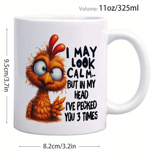 1pc 11oz Funny Chicken Mug with Cute "I May Look Calm..." Saying - White Ceramic Coffee Cup with Black Rim & Cute Chickens, Dishwasher Quirky Gift for s &, Chicken Lovers, Kitchenware