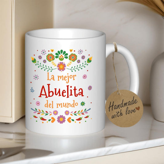 11Oz La Mejor Abuelita Del Mundo Warm & Sweet Floral Design Multi-Purpose Ceramic Coffee Cup - Fun Design, Vibrant Colors, Multi-Purpose & Dishwasher Safe, Great for Outdoor Activities, Home Decor & Valentine'S Day Gift