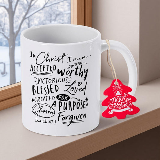 Christian Accepted Worthy Chosen Loved Forgiven Bible Verse Coffee Mug - 11oz Ceramic Cup 43:1 Inspirational Scripture, Reusable Gift for Men Women Christians, Hand Wash Only, Christian Gifts