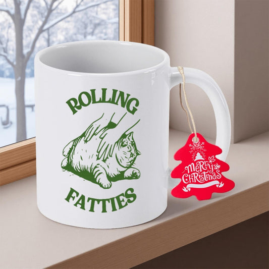 Humorous Cat Design with ROLLING FATTIES Text 11oz 350mlCoffee Cup Ceramic Coffee Mug Reusable Drinkware for everyday for best friends souvenir Halloween Gift for relatives Thanksgiving Gift for friends Ceramic Mug Teacup living room tabletop Unique