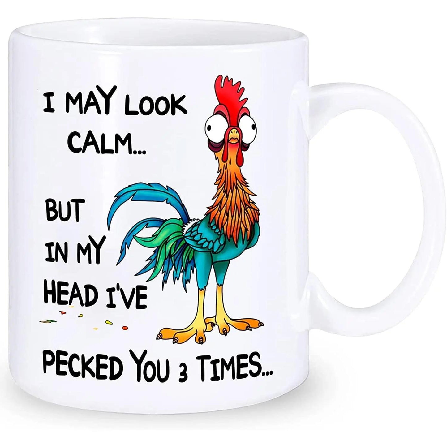 11oz White Rooster Coffee Mug - Funny ‘I’ve Pecked You 3 Times’ Quote - Gifts for Chicken Lovers