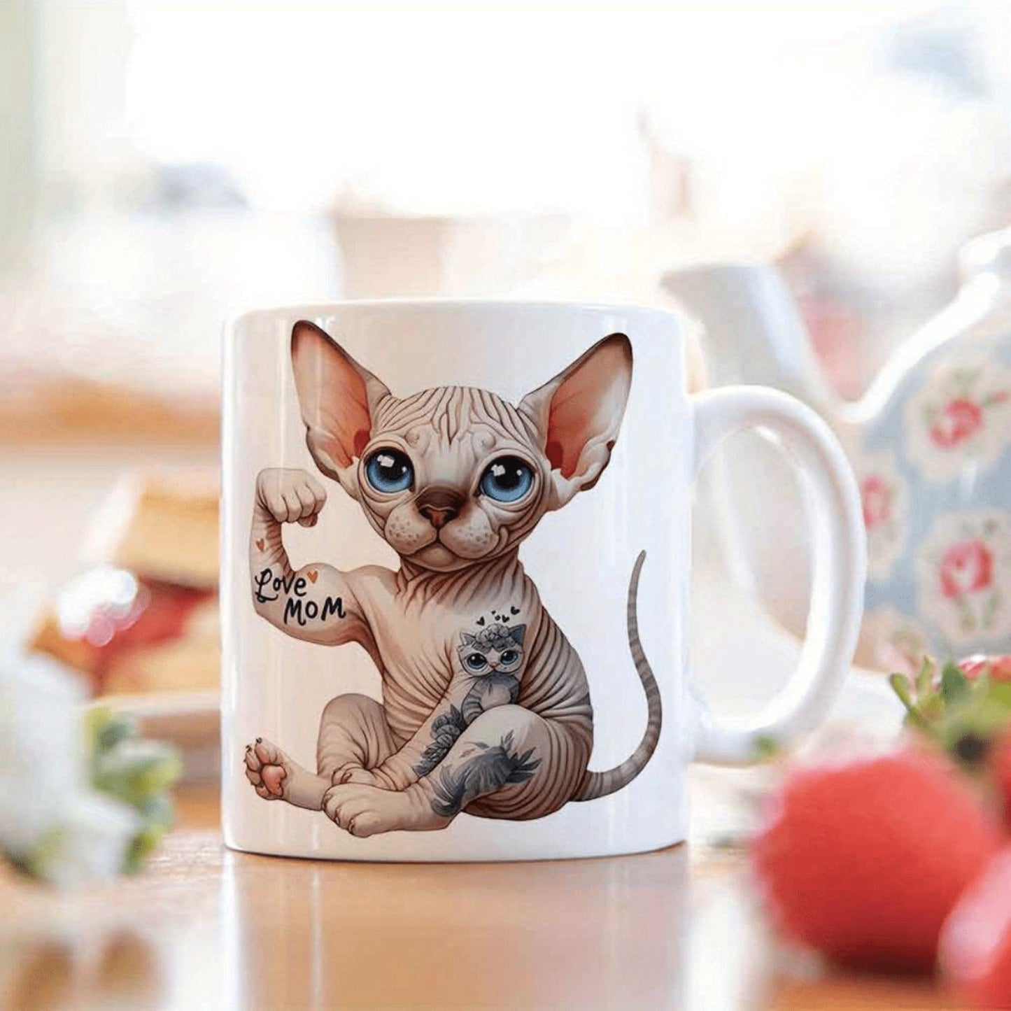 Affectionate 11-Ounce Ceramic Coffee Cup | Hairless Cat And Loving Mother Tattoo Design | Perfect Mother'S Loving Cat Ideal Birthday Gift for Women, Men, Friend, Coworker, Family